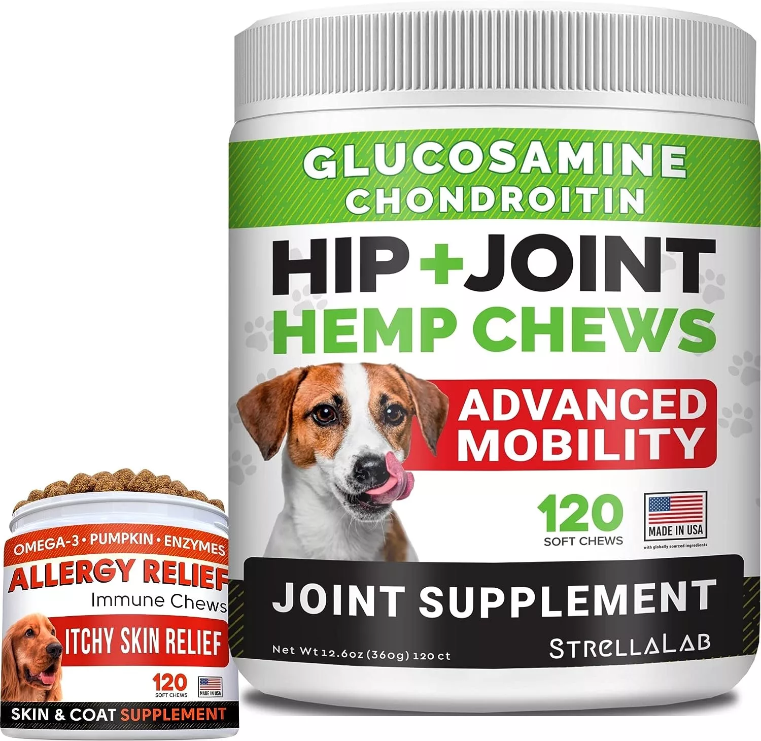 Hemp + Glucosamine Dog Joint Supplement + Allergy Relief Treats w/Omega 3 Bundle - Hip  Joint Care + Itchy Skin Relief - Chondroitin, MSM + Pumpkin + Enzymes + Turmeric - 240 Chews - Made in USA